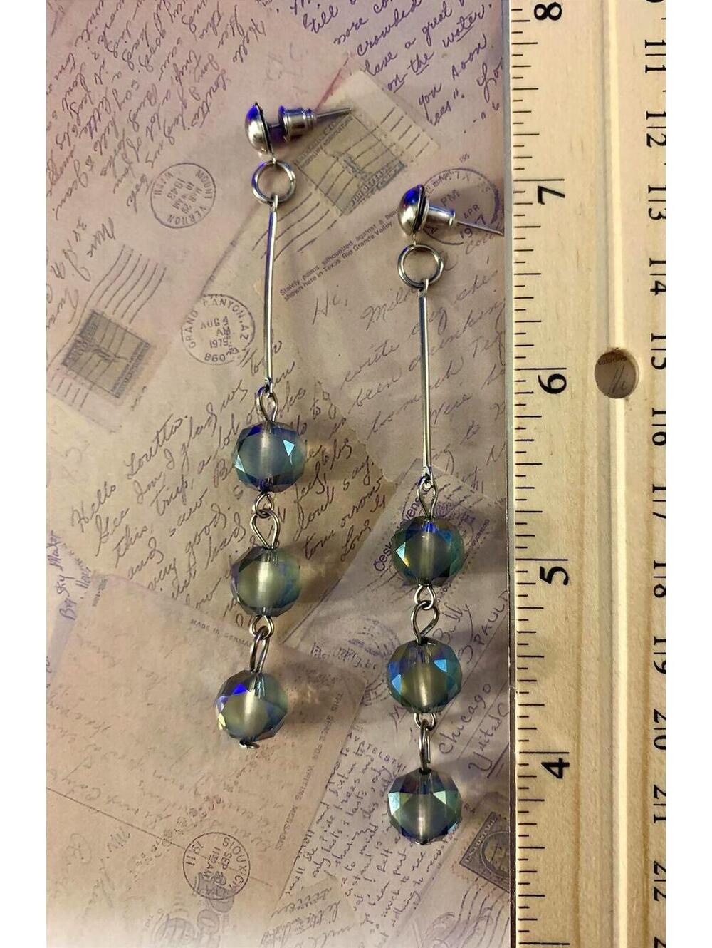 Vintage Extra Long Iridescent Faceted Bead Linear Drop Earrings - Picture 2 of 2